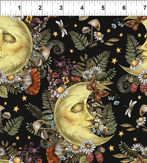 The Sun, the Moon and the Stars - Mond und Pflanzen auf schwarz Stoff In the Beginning Fabrics