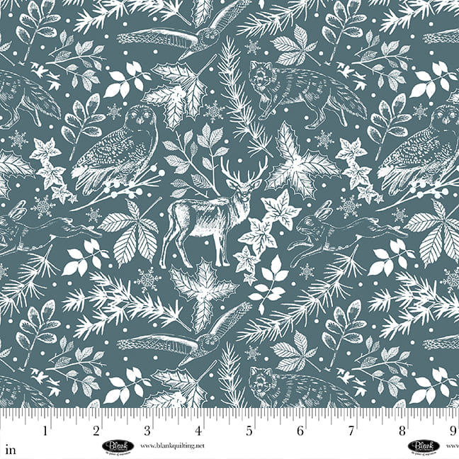 Winter Whispers - Tiere, Wald in Teal Stoff Blank Quilting