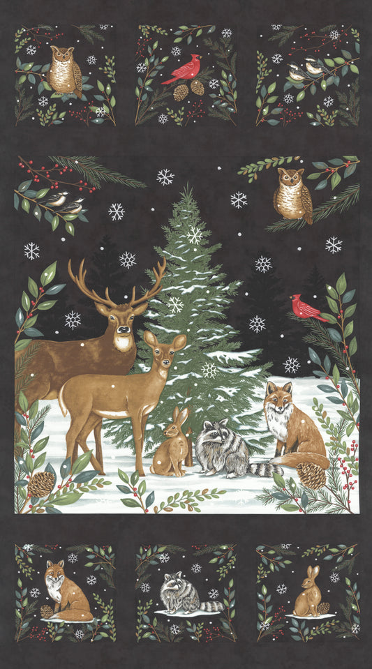 Woodland Winter Panel Charcoal Black Stoff Moda Fabrics