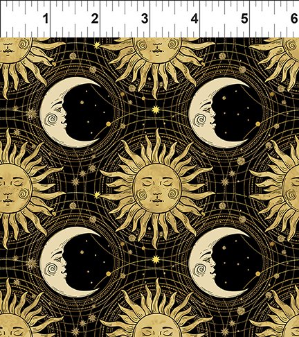 The Sun, the Moon and the Stars - Mond und Sonne auf schwarz Stoff In the Beginning Fabrics