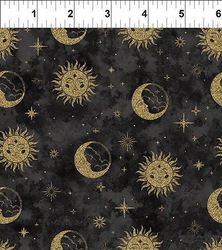 The Sun, the Moon and the Stars - Mond, Sterne Sonne auf schwarz Stoff In the Beginning Fabrics