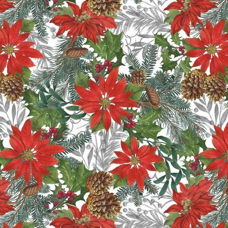 Be Merry and Shine Bright - Christmas Poinsettias White - Blank Quilting