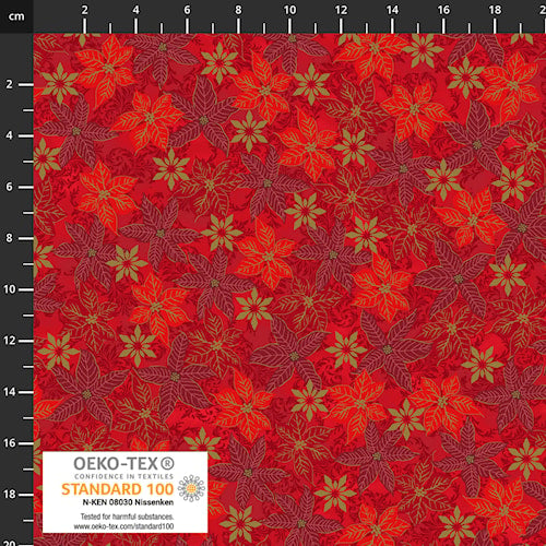 Weihnachtsstoff Snow Crystals 4593-411 Golddruck auf Rot Stoff Stof Fabrics