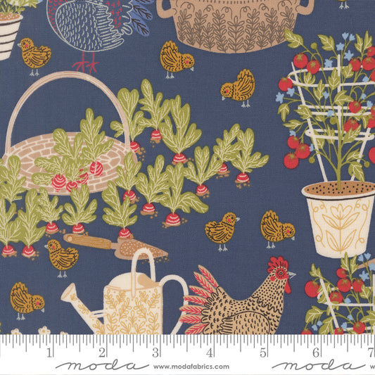 The Henhouse Chicken Garden Denim 48430 18 Moda Gingiber Stoff Moda Fabrics