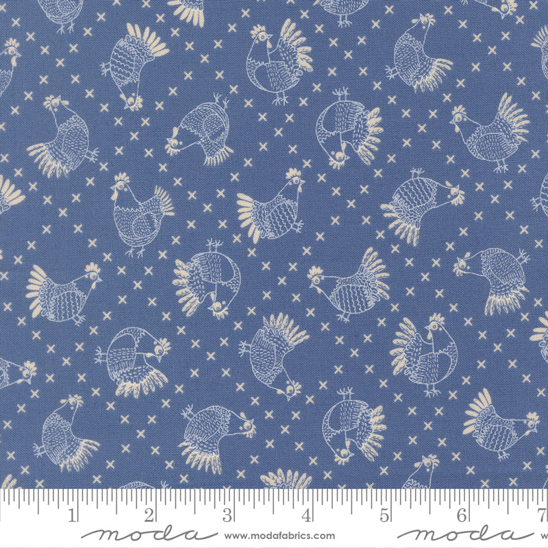 The Henhouse Cross Stitch Chickens Novelty Cobalt 48434 19 Moda Gingiber Stoff Moda Fabrics