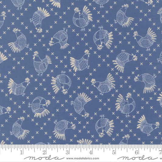 The Henhouse Cross Stitch Chickens Novelty Cobalt 48434 19 Moda Gingiber Stoff Moda Fabrics