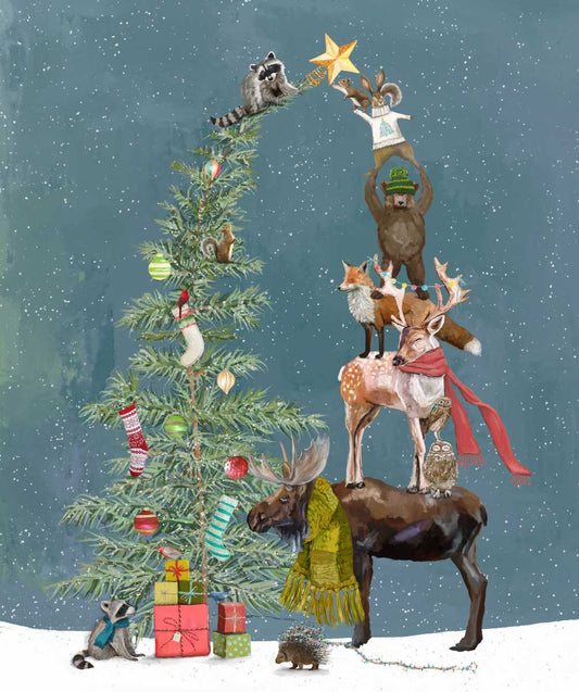 Holly Woods - Panel - Winter Woodland Animals Decorating Christmas Tree