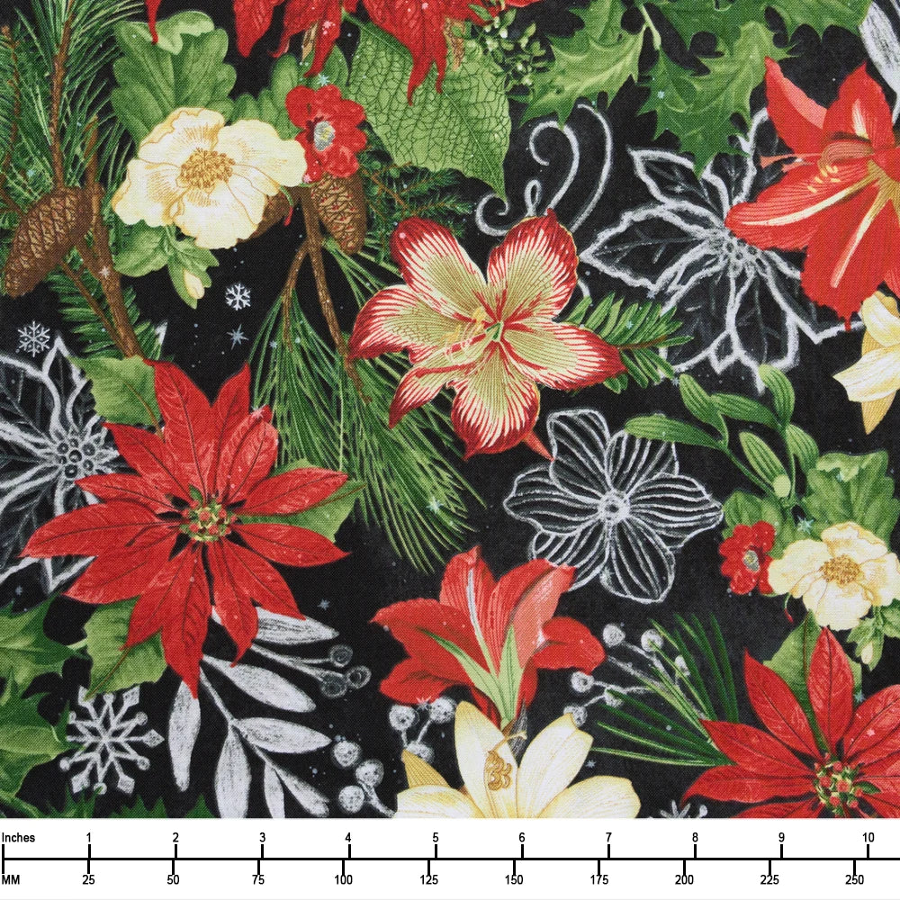 Be Merry and Shine Bright - Christmas Poinsettias Charcoal - Blank Quilting
